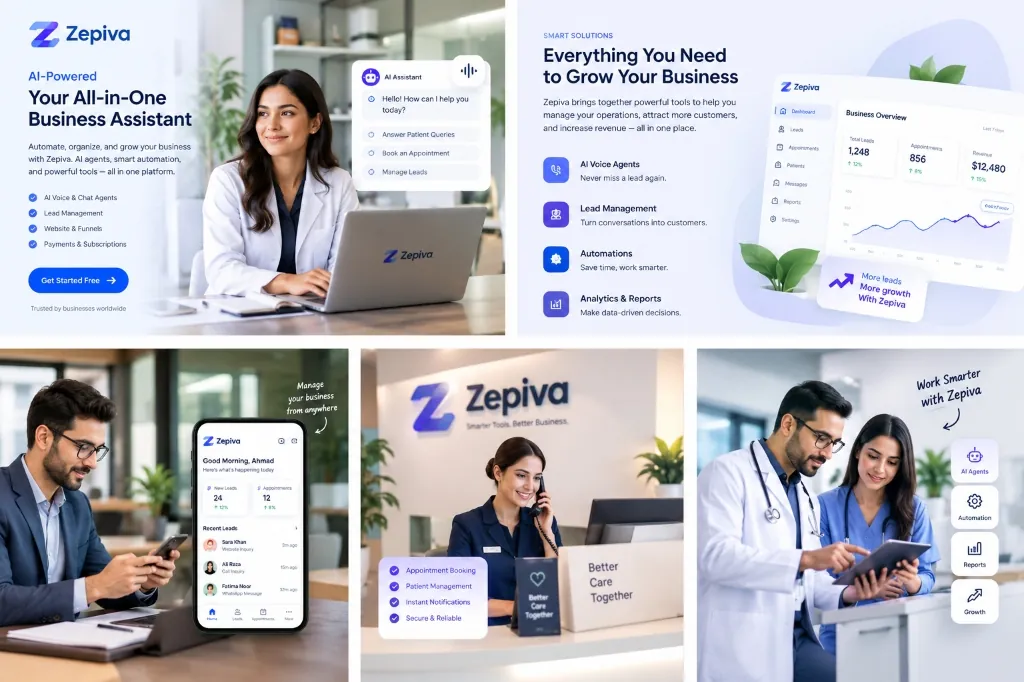 Zepiva all-in-one AI business assistant suite showing multi-channel operations, dashboard, and front desk