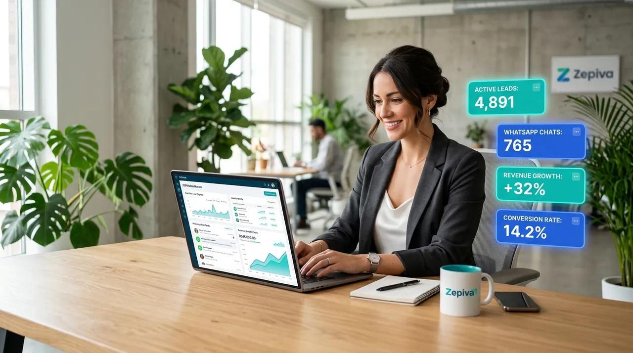 Business owner monitoring multi-channel AI lead capture and revenue growth metrics on laptop