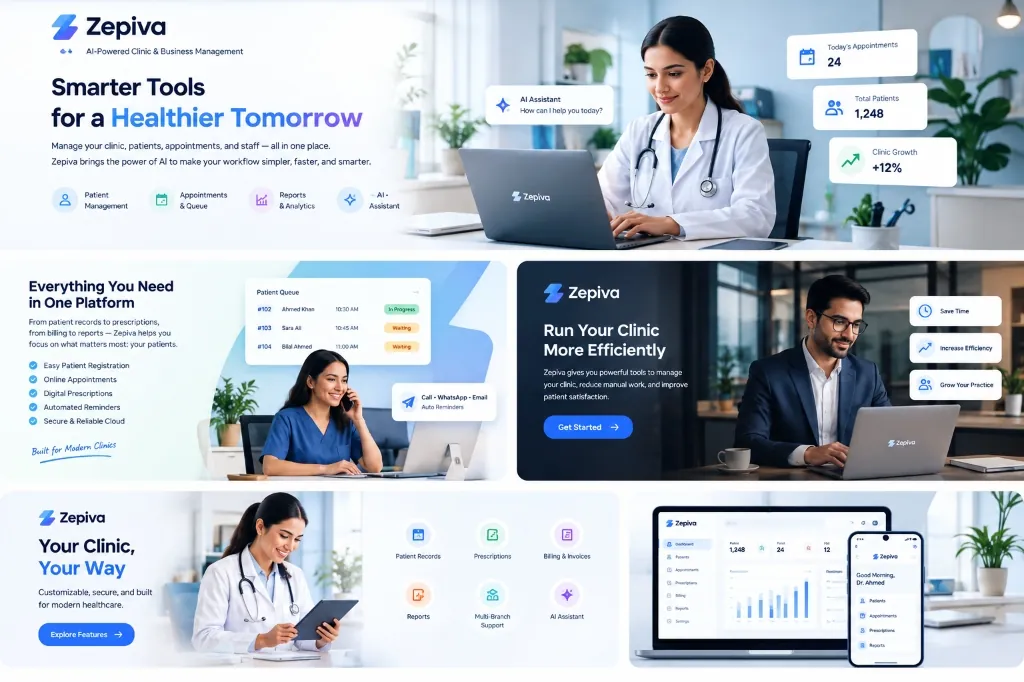 Zepiva clinic and healthcare management suite with AI assistant, patient queue, and analytics