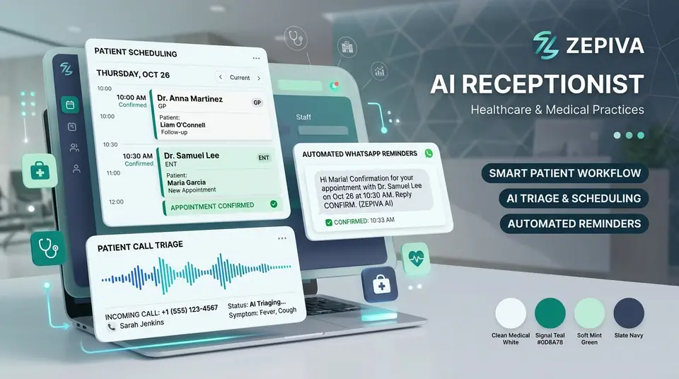 Zepiva AI Receptionist for Healthcare Clinics - Smart Patient Scheduling, Call Triage, and WhatsApp Intake Reminders
