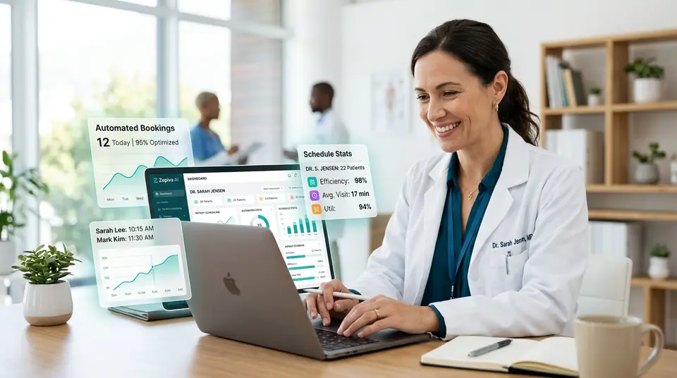 Doctor in modern medical clinic using Zepiva AI clinic management dashboard on laptop
