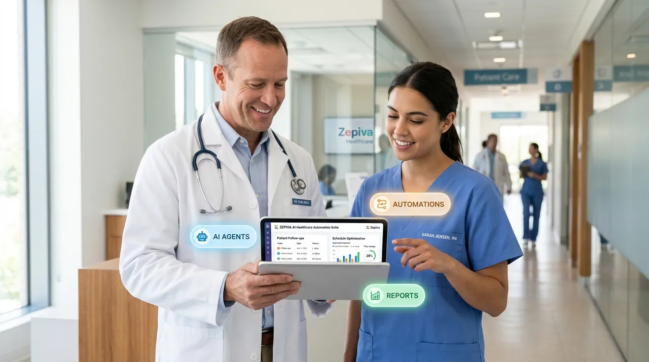 Doctors and healthcare team reviewing Zepiva AI automated patient workflows on tablet