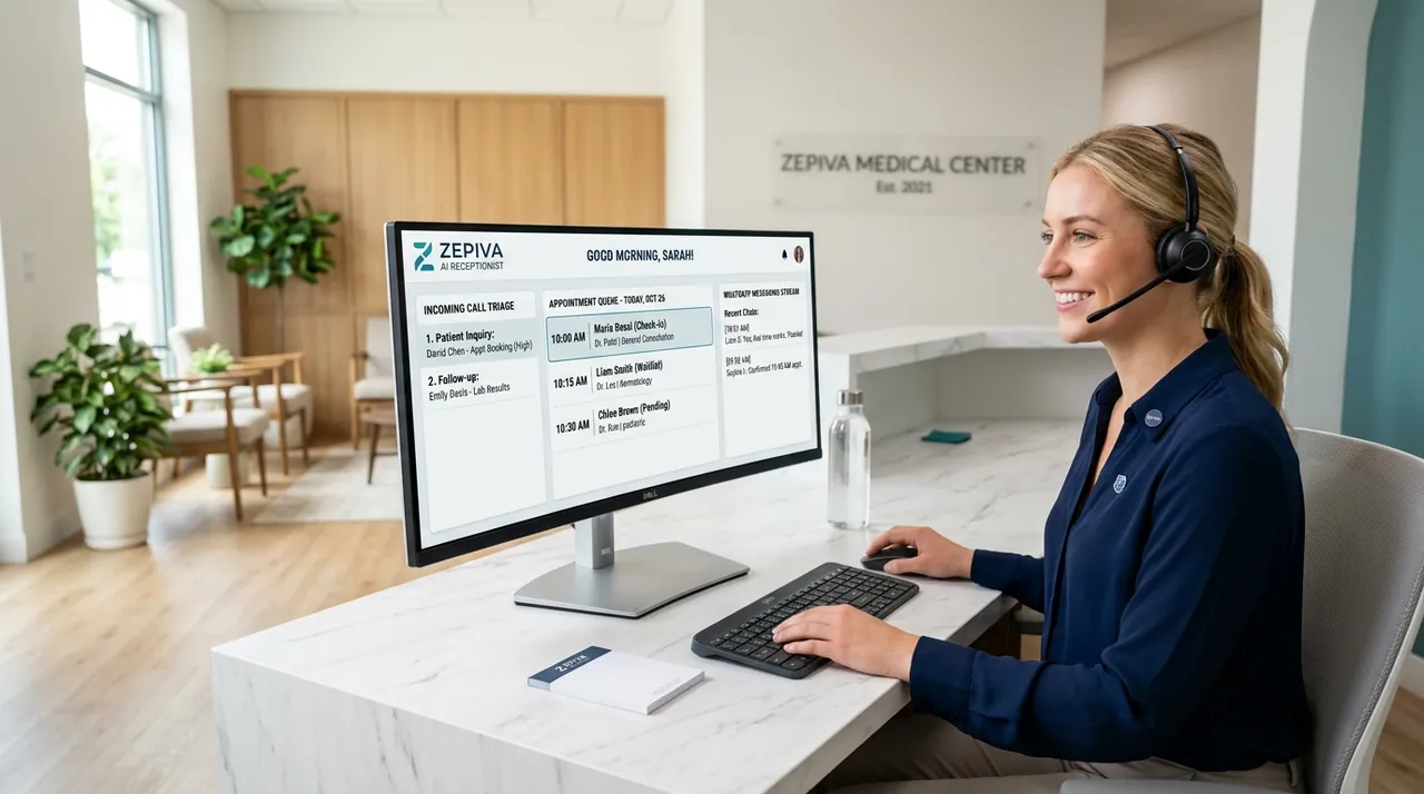 Medical receptionist at clinic front desk managing incoming patient calls and appointments with Zepiva
